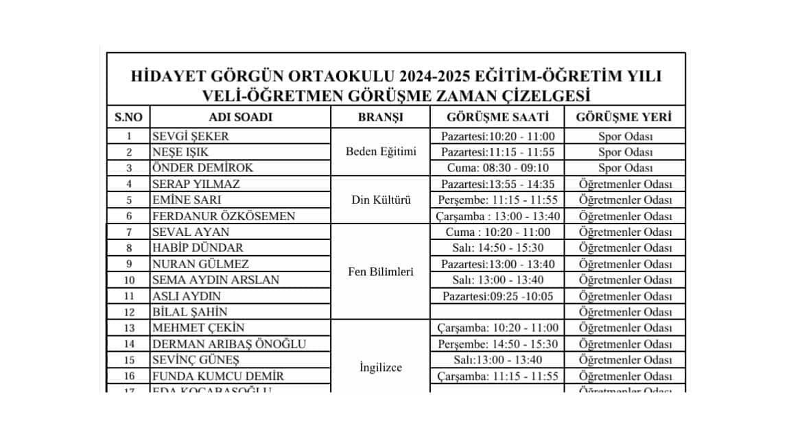 2024-2025 EĞİTİM-ÖĞRETİM YILI VELİ-ÖĞRETMEN GÖRÜŞME ZAMAN ÇİZELGESİ